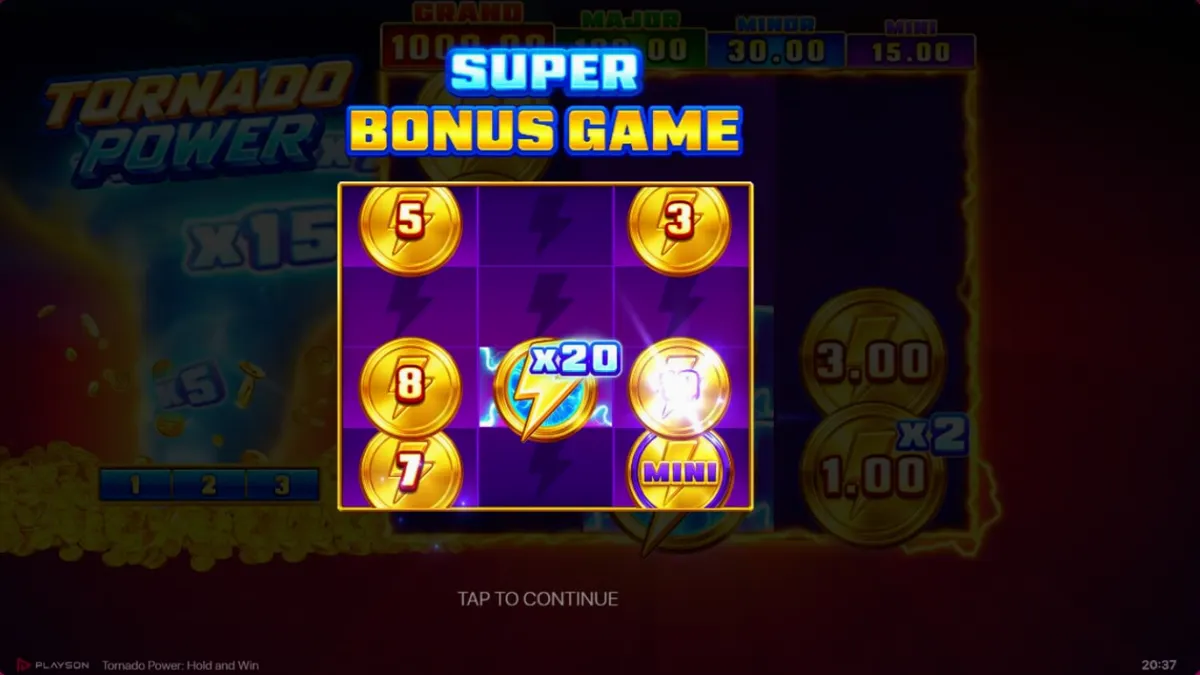 Tampilan antarmuka slot Tornado Power: Hold and Win pada perangkat seluler