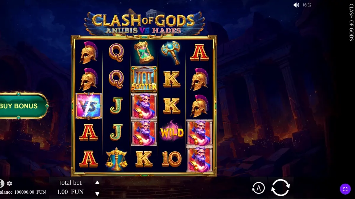 Visual pertarungan epik antara Anubis dan Hades dalam slot Clash of Gods